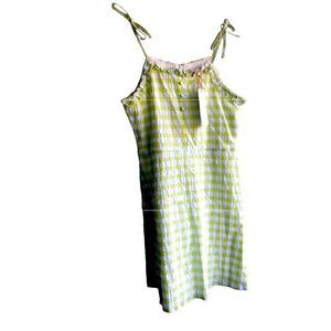 NWT GB GIRL Green Lime & White 3 Front Buttons Ruffles Tying Straps Lined Dress